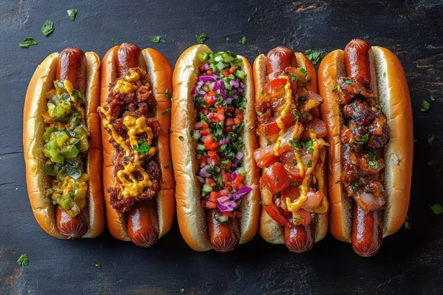 Five grilled hot dogs in buns are topped with colorful diced vegetables, pickles, herbs, and sauces on a dark slate background.