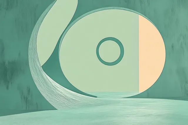 Abstract interior room with curved teal walls, oval opening, and a circular window casting soft light.
