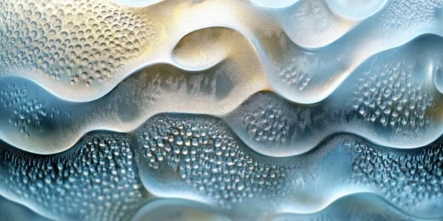 Macro close-up of a rippling blue and gold surface covered with clustered water droplets.