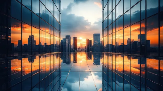 Sunset skyline framed by glass towers, with mirror-like reflections down a central corridor