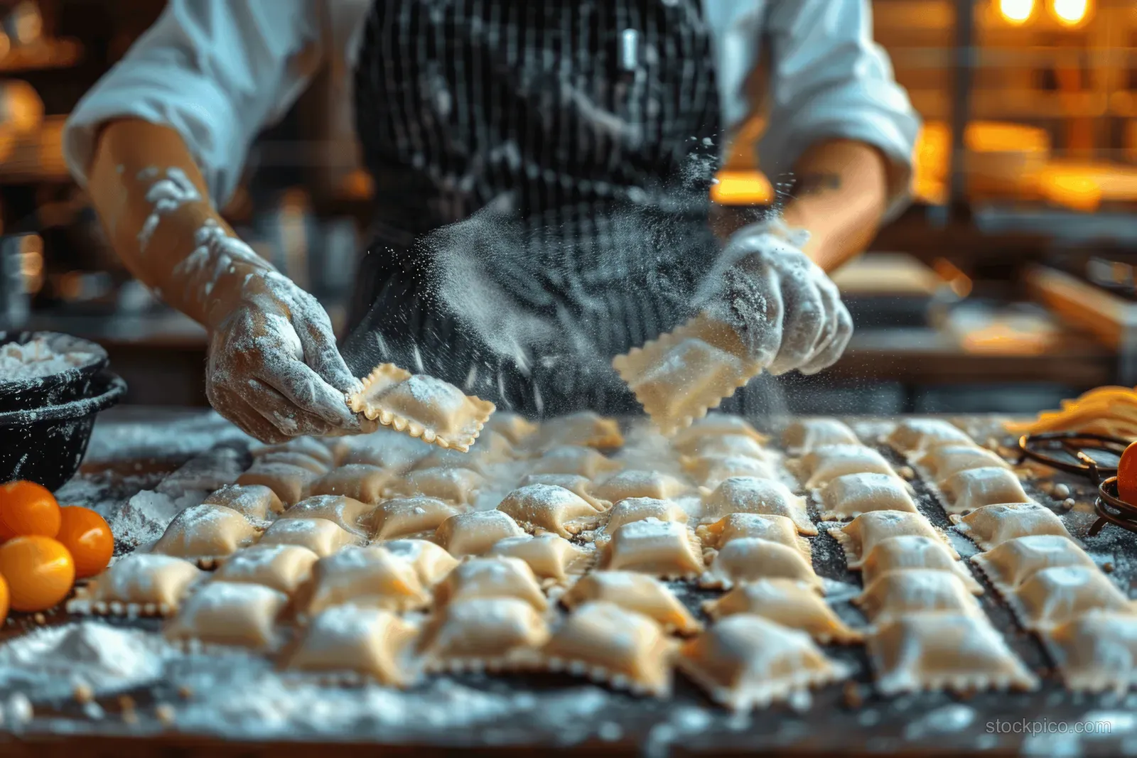Gloved hands pinch and seal rows of uncooked pierogi on a floured kitchen table in a cooking class.