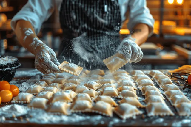Gloved hands pinch and seal rows of uncooked pierogi on a floured kitchen table in a cooking class.