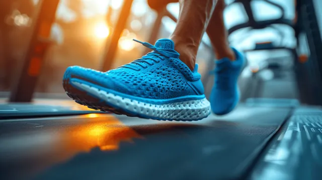 Close-up of blue running shoes on a treadmill in a sunlit gym.