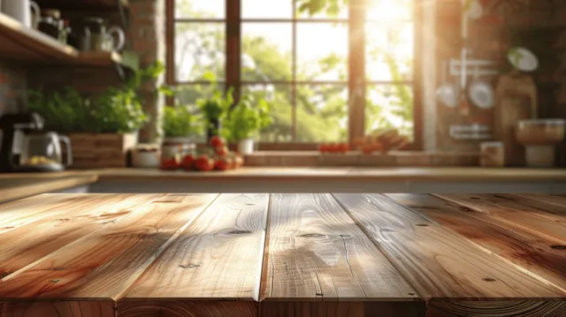 Empty wooden table foreground with sunlit modern kitchen background and window light glow