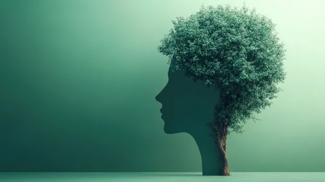 A green leafy tree forms a human profile silhouette beside a misty background.
