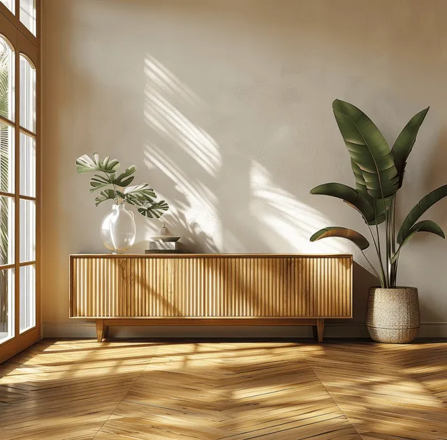 Sunlit minimalist bedroom corner showing a wooden sideboard on parquet floor with potted plants and window shadows.