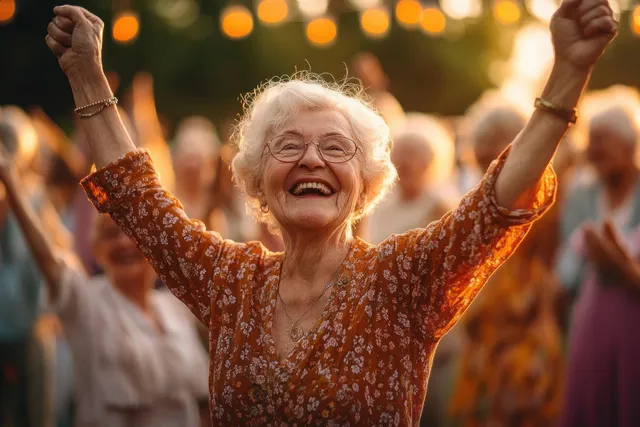 Elderly woman dances with arms raised at a colorful outdoor community celebration with warm bokeh lights.
