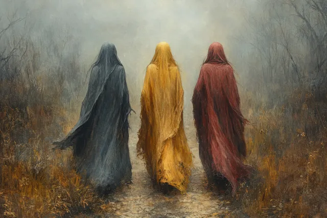 Jesus and disciples walk a rural path through misty fields, Renaissance-style procession