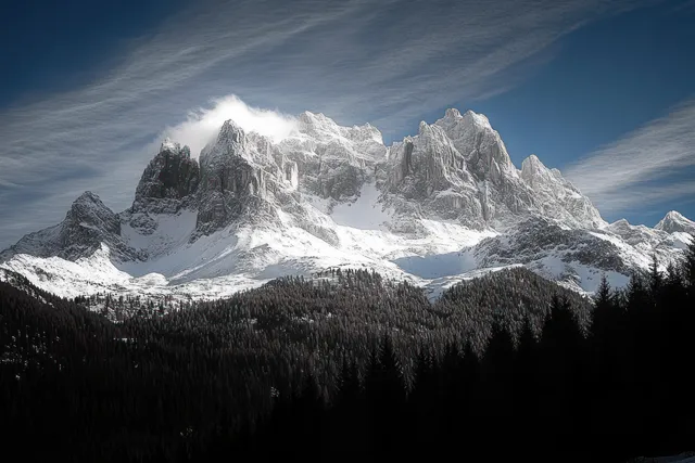 Snowlit mountain peaks rising above a dark conifer forest under a blue sky