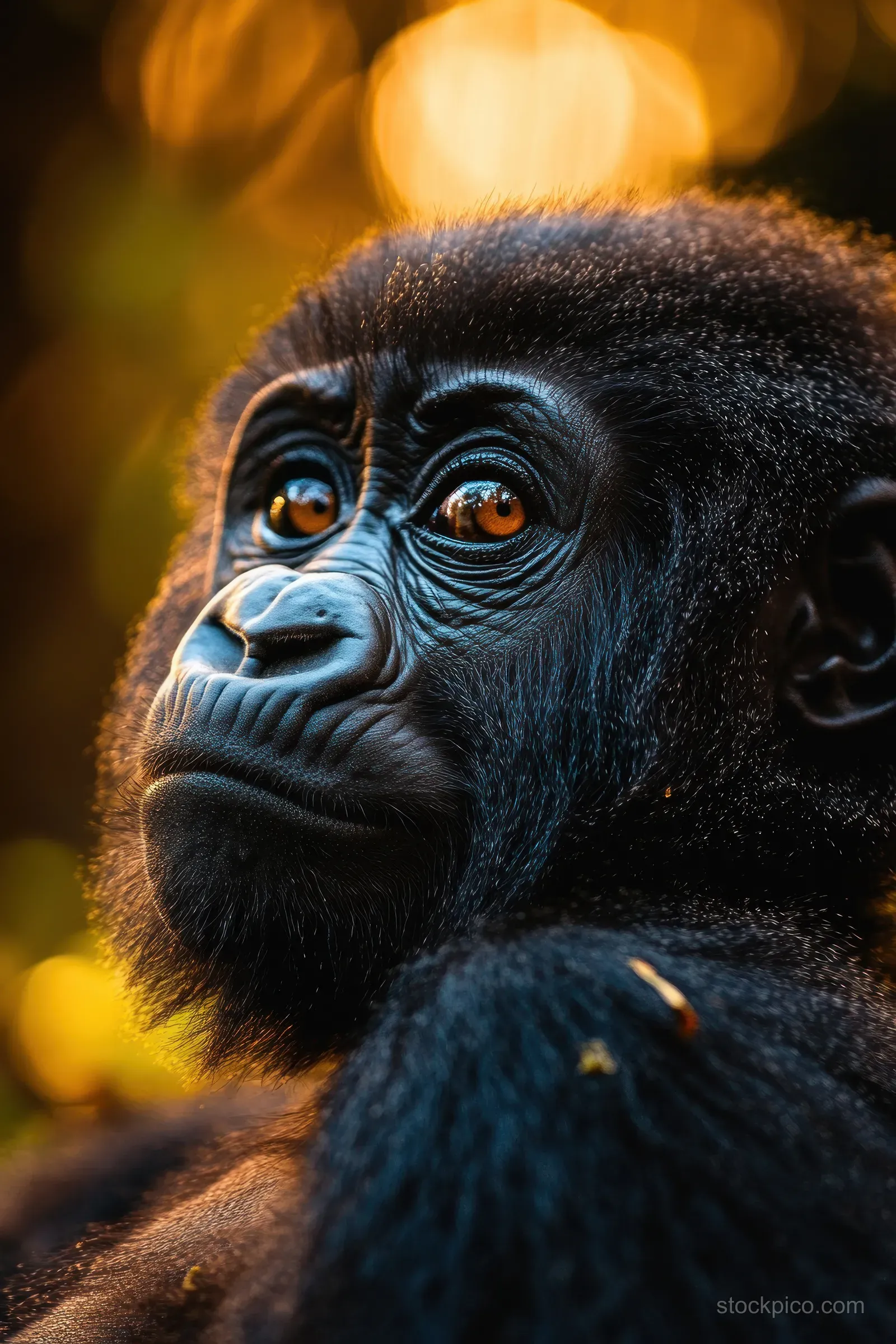 Close-up portrait of a young gorilla with amber eyes looking back against a warm blurred forest background.