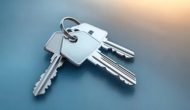 A close-up of a house key ring with several metal keys on a smooth blue and warm gradient background.