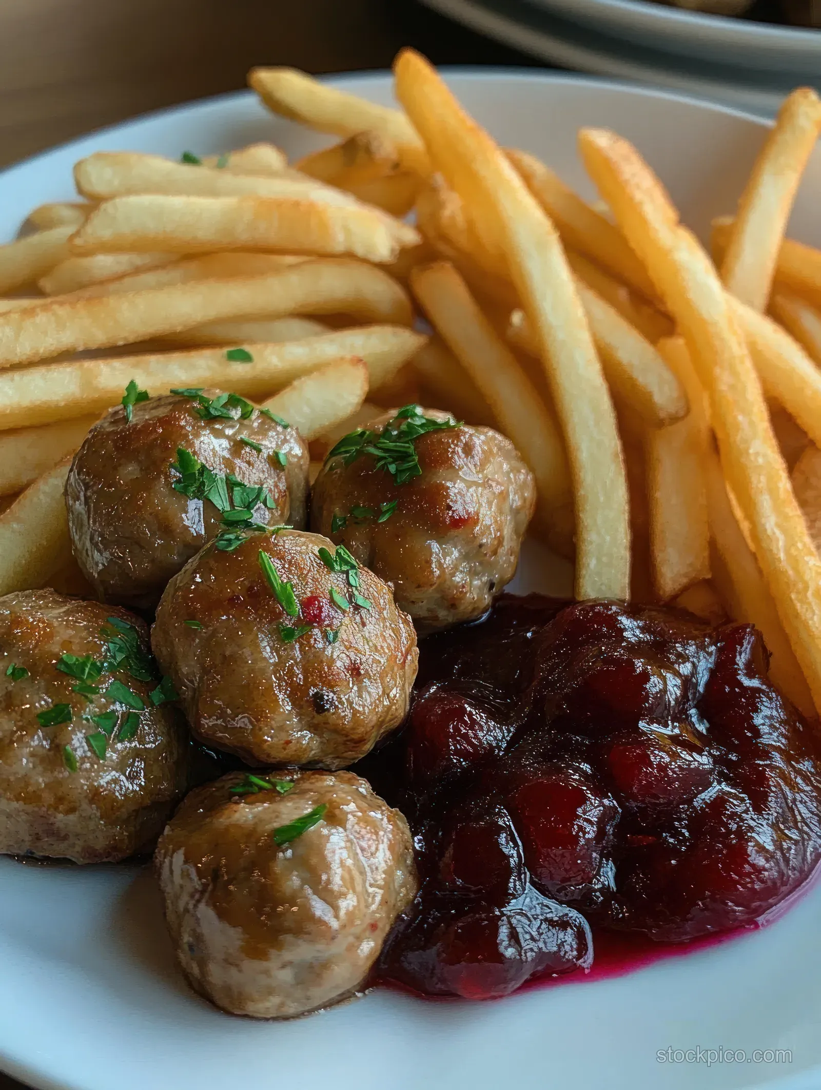 Juicy meatballs with fresh herbs sit on a white plate beside golden French fries and red berry sauce.