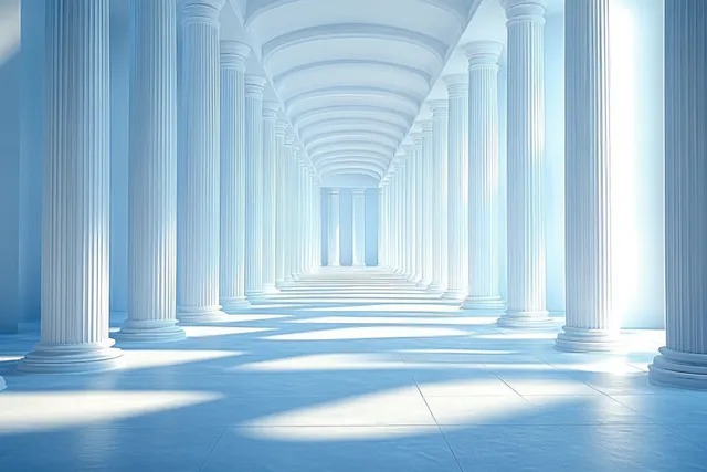Long symmetrical classical corridor with tall white columns and arched ceiling in soft sunlight