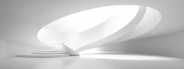 A bright white minimalist interior with smooth curved walls and a glowing circular halo light.