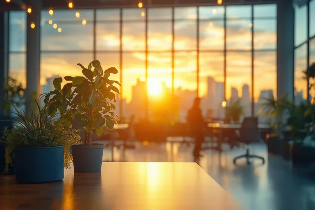 Young office man gesturing during meeting while speaking to camera in warm sunset light