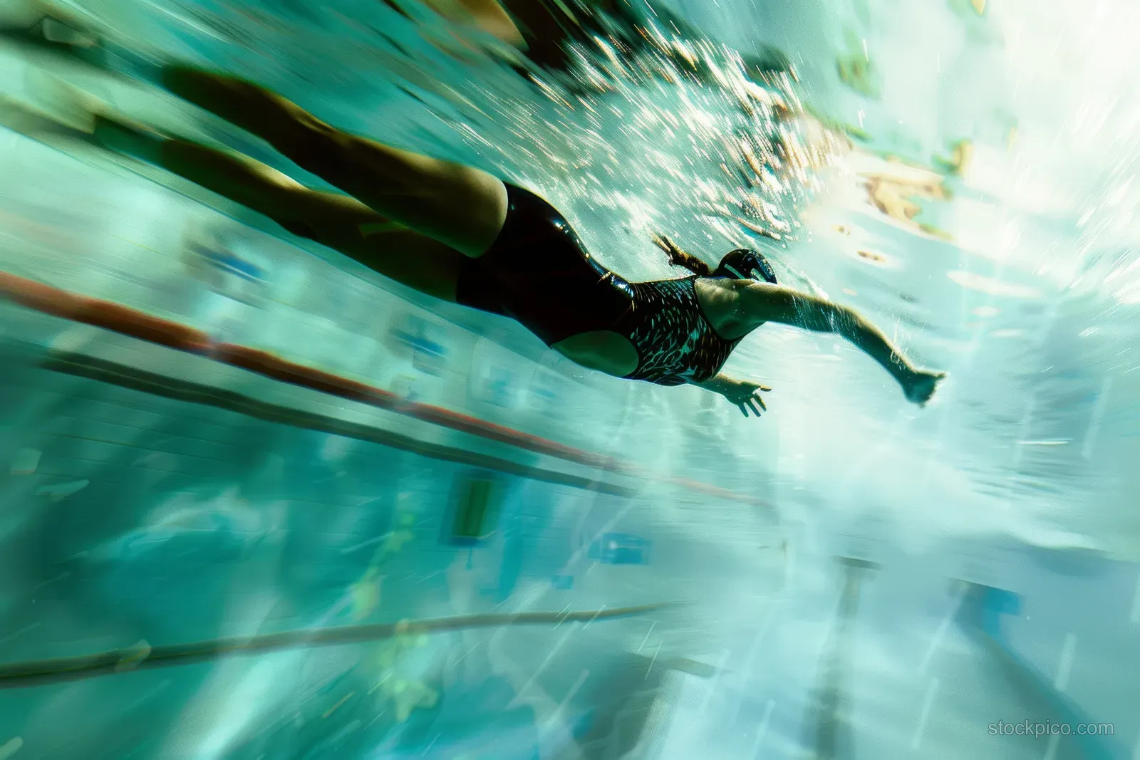A female freestyle swimmer launches from the starting block, splashing through clear pool water.