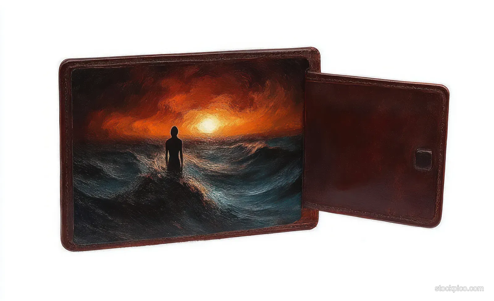 A silhouette stands in rough ocean waves under a fiery sunset, displayed inside an open brown leather case.