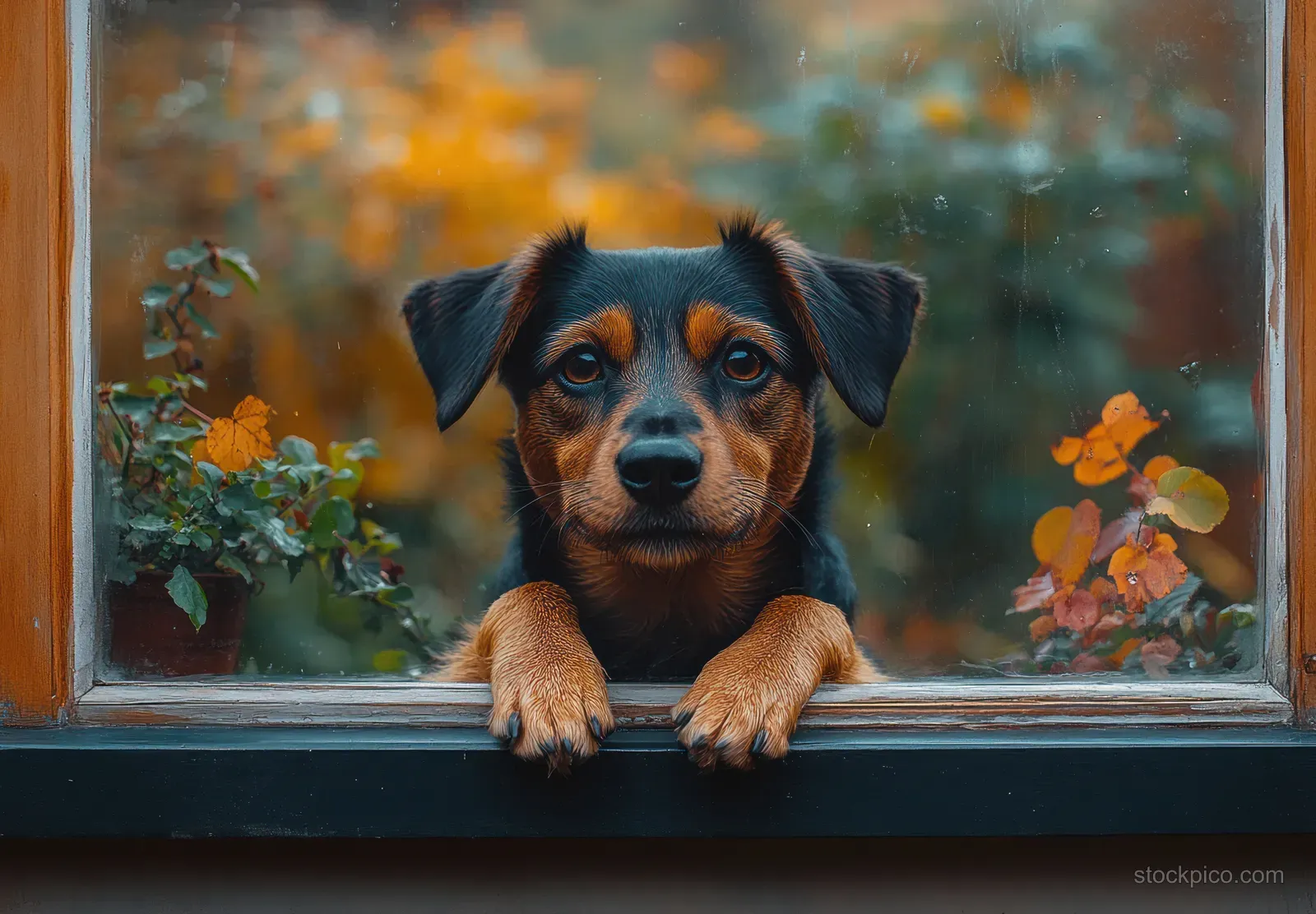 Jack Russell terrier with front paws on a window sill, looking outside at blurred colorful garden.