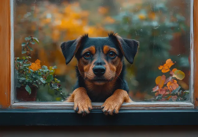 Jack Russell terrier with front paws on a window sill, looking outside at blurred colorful garden.