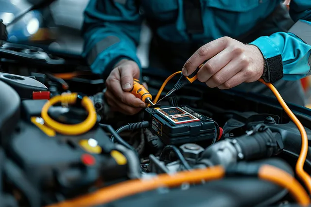 Mechanic holding multimeter leads while checking battery connections and wiring inside a car engine bay.