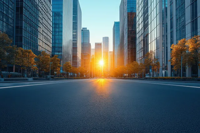 Sunrise sunlight beams between glass skyscrapers on an empty street with autumn trees