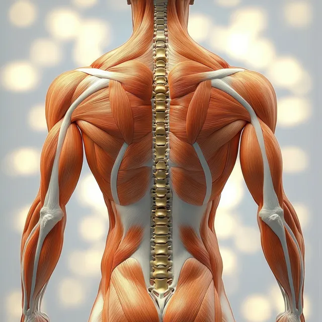 Rear-view anatomical illustration reveals the erector spinae muscles along the upper spine with detailed vertebrae.