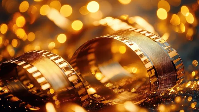 Close-up of two golden wedding rings on glittering surface with warm bokeh lights