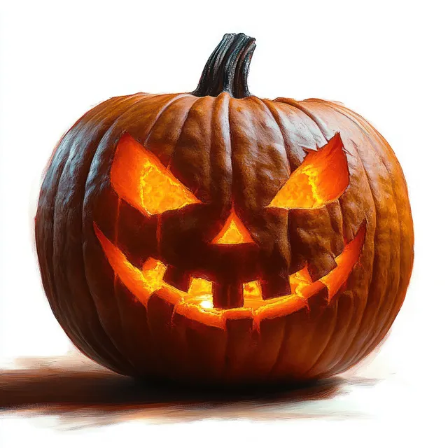 Carved jack-o-lantern with glowing eyes and toothy grin resting on a plain white background.