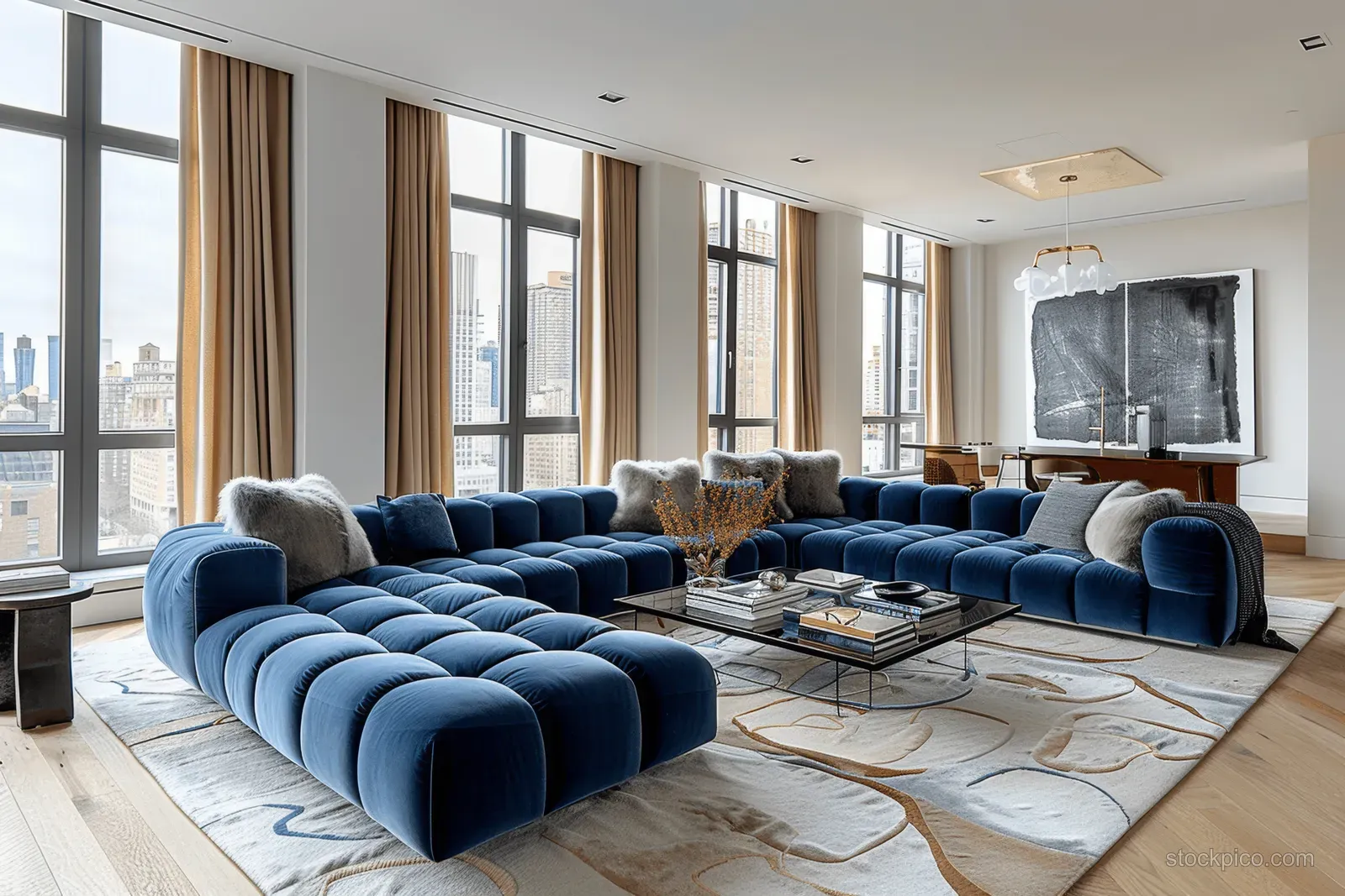 Blue velvet sectional and tufted cushions sit in a bright New York living room with large floor-to-ceiling windows.