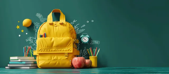 Yellow 3D backpack with school supplies, books, pencils, apple, and an alarm clock on a green chalkboard background.