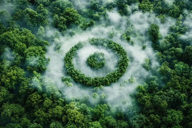 Green forest canopy shaped like an eco symbol with misty clouds overhead