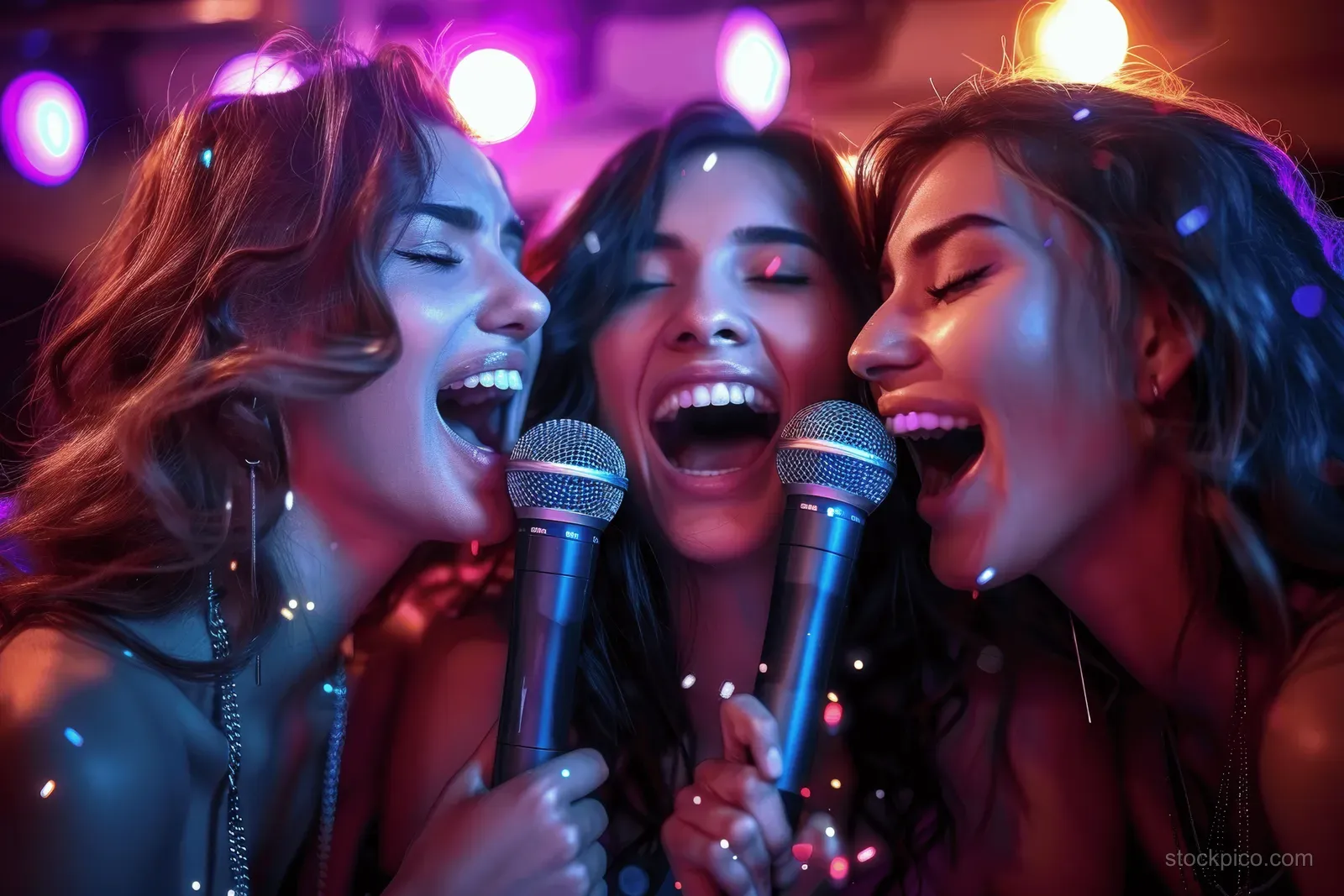 Friends sing karaoke together in a neon nightclub while laughing with glowing microphones.