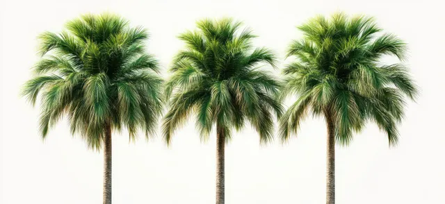 Three green palm trees with full fronds stand centered against a bright white background.