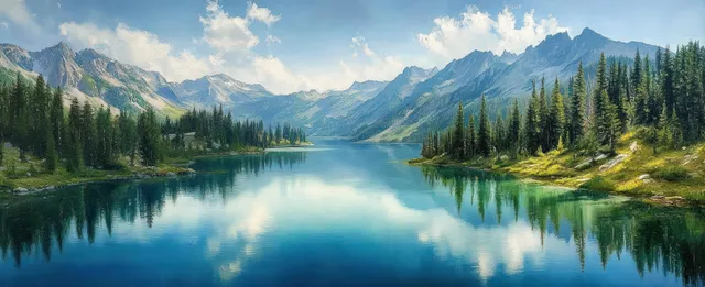 Mountain lake with pine trees reflecting a blue sky and distant rugged peaks under bright sunlight.