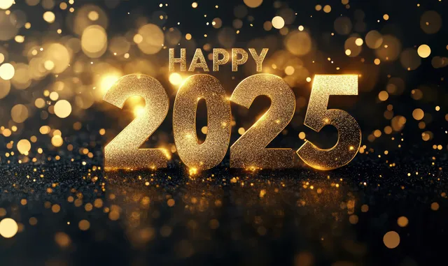 Happy 2025 New Year greeting with glittering gold numbers over dark bokeh lights