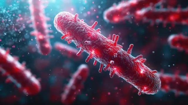 Close-up 3D rod-shaped bacteria float in a blue-red background with glowing red textured surfaces.
