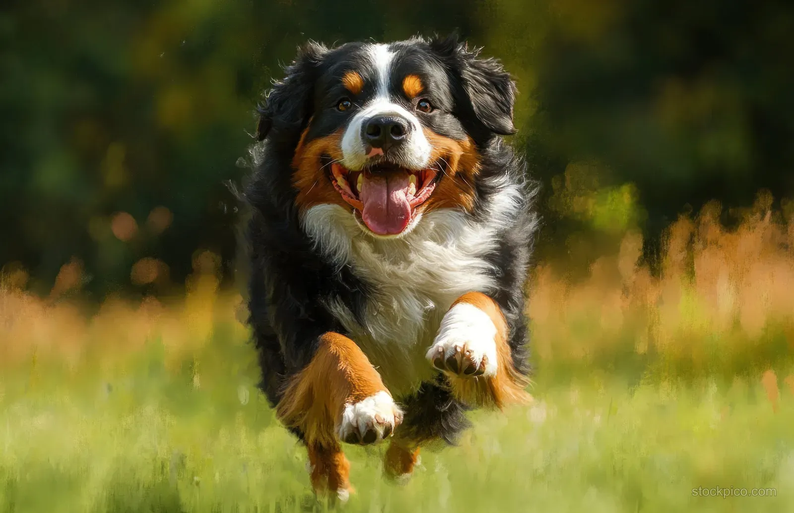 A tricolor dog sprints through sunlit green grass with its tongue out and paws mid-stride.