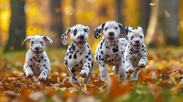 Four Dalmatian puppies run smiling through an autumn park on a grassy path with fallen leaves behind them.
