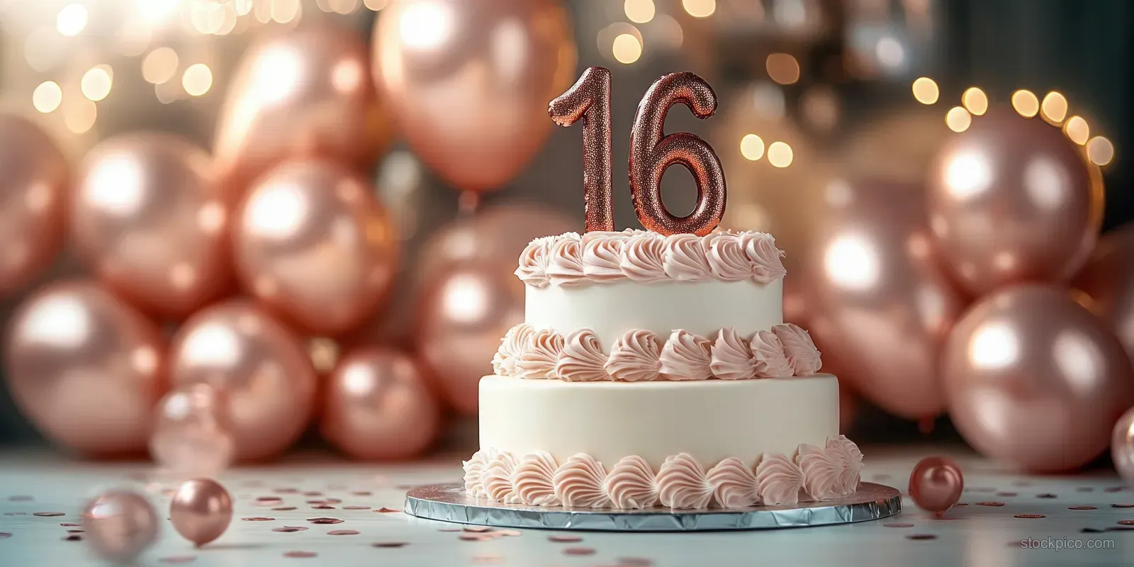 Two-tier sweet sixteen cake with a glitter “16” topper, pink frosting, and rose gold balloons in the background.