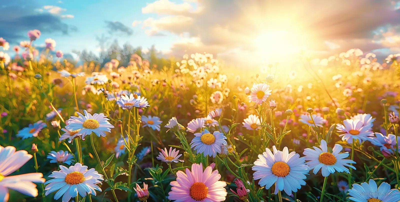 Wild daisies and colorful flowers spread across a sunny summer meadow with golden sun rays in the sky.