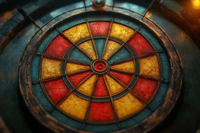 Close-up of a dartboard with darts stuck near the bullseye under warm lighting and dark background.