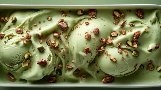 Creamy pistachio gelato in a metal tray is topped with chopped fresh pistachios and crisp crumbs for added texture.