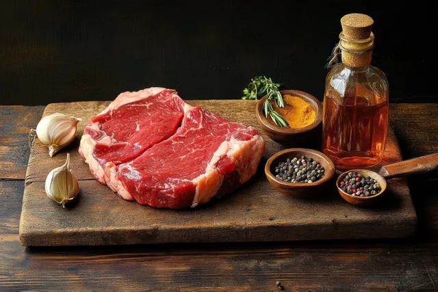 Raw beef steak on wooden cutting board with garlic, herbs, spices, and oil bottle