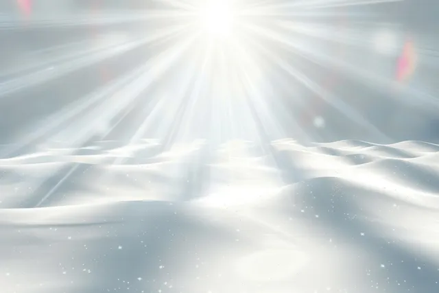 White light rays emanate from a bright center over a misty surface with soft lens flare glow.