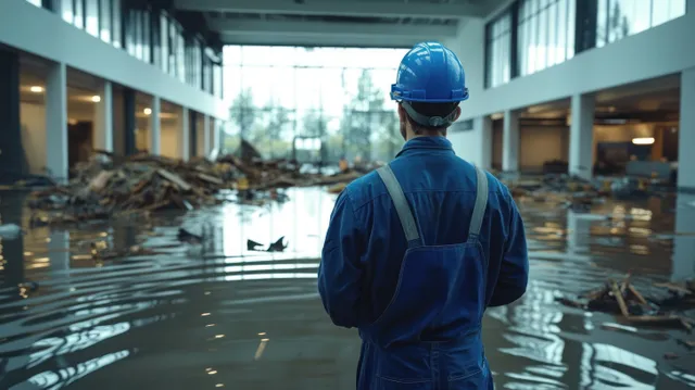 A worker in blue helmet and overalls stands in a flooded industrial interior with debris on standing water.