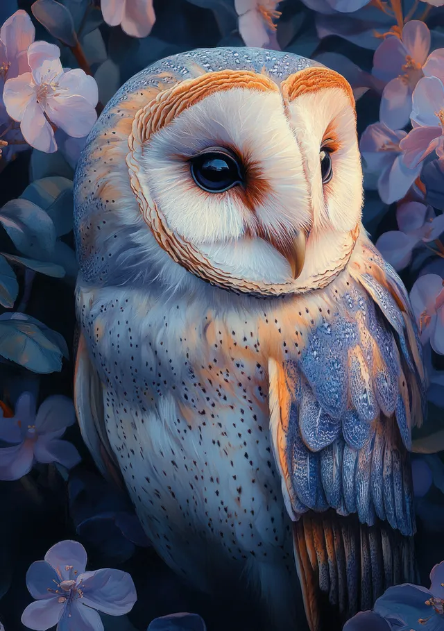 Watercolor barn owl perched on a tree stump, gazing forward amid dreamy purple blooms