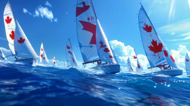 Sunfish sailboats racing across blue ocean under Canadian flags in strong wind