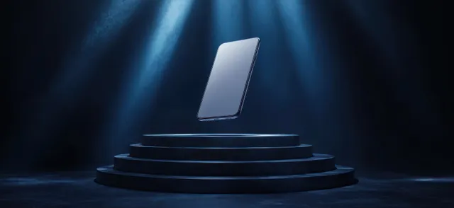 A levitating smartphone hovers above a dark pedestal under blue spotlights in a dim studio.