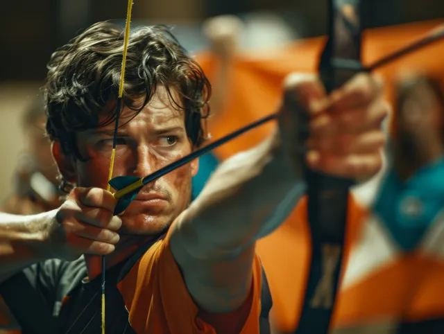 Archer draws a bow at an outdoor range, arrow mid-flight toward a distant target