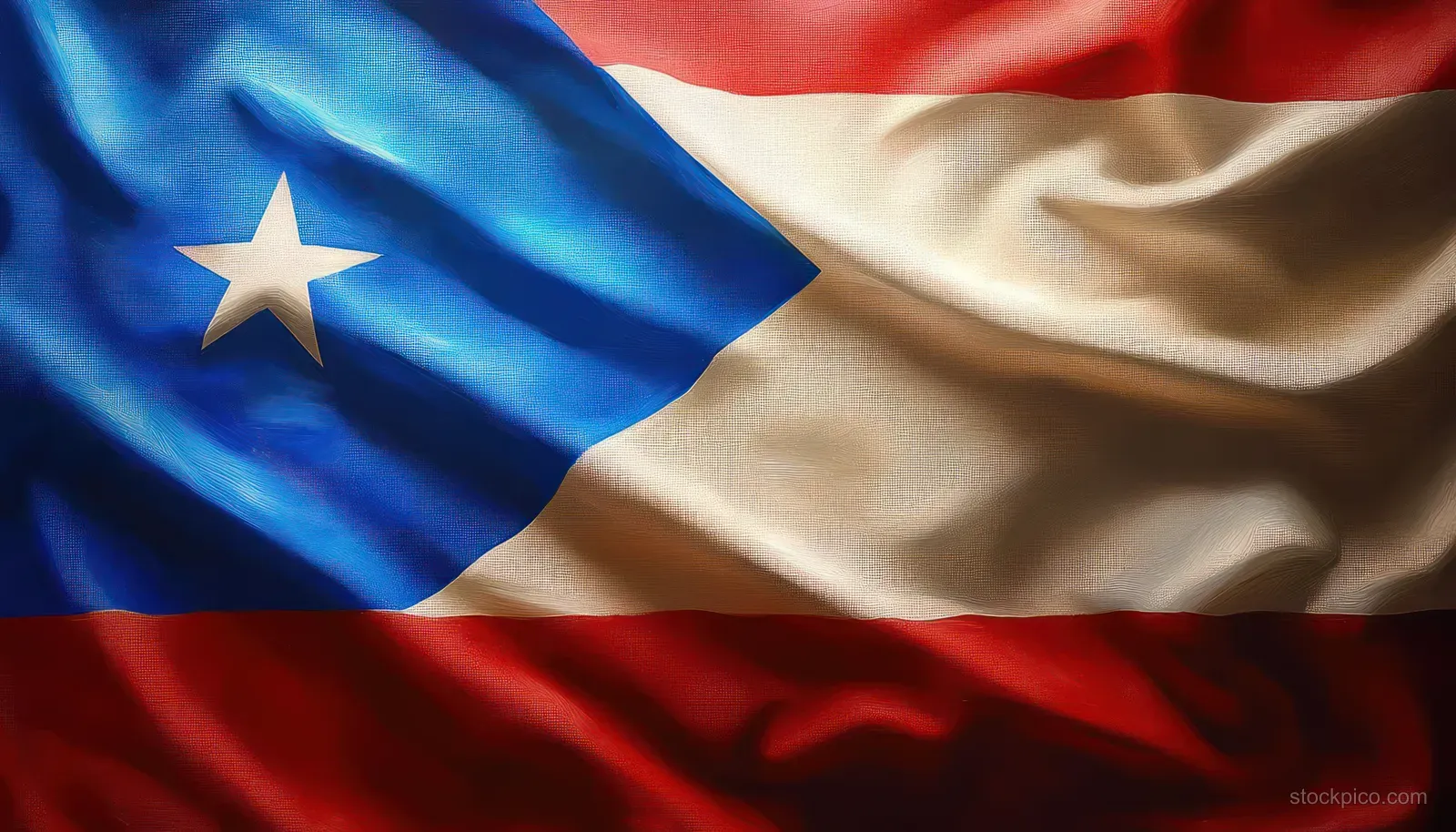 A waving fabric flag close-up with a blue triangle and white star over red and white horizontal stripes.